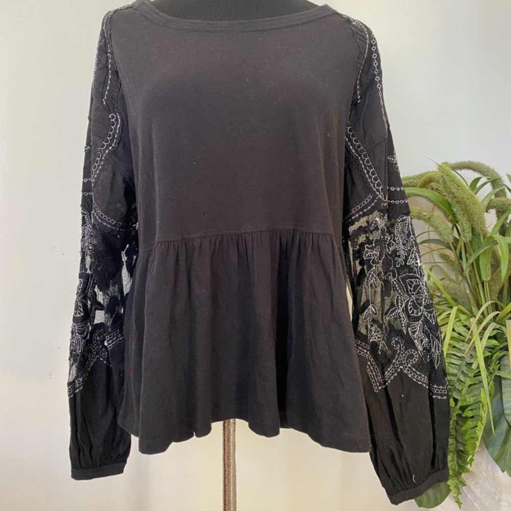 Free People Black Embroidery Lace Net Floral 100% Cotton‎ Long Sleeve Boho Top M